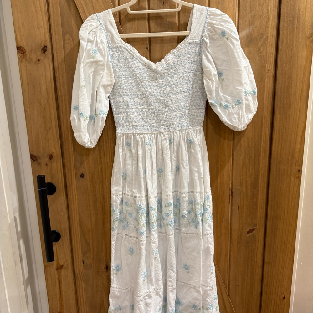Elegant White and Blue Floral Dress